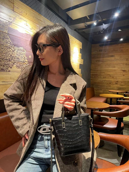 Luxury Ladies Casual Handbags Women'S Embossed Crocodile Genuine Cowhide Leather Tote Bucket Crossbody Shoulder Bag Purses