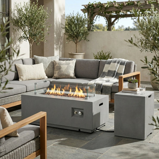 42" Natural Gas Fire Pit Table 2-Piece 50000 BTU Rectangular Corten Steel Glass Wind Guard Eco-Friendly Patio Deck Garden