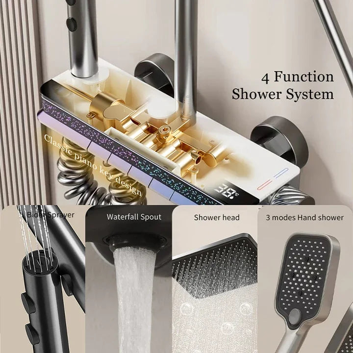 Contemporary Stylish Design Brass Smart Thermostat Grey SPA Soft Jet Rain Bath Shower Faucet Set with Brushed Surface for Villas