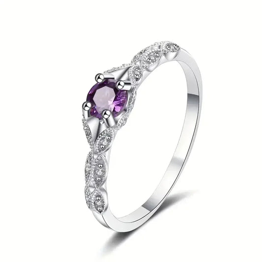 H401 Elegant Silver Ring With Amethyst Stone Prong Setting For Women Engagement Jewelry 925 Sterling Silver Flower Design