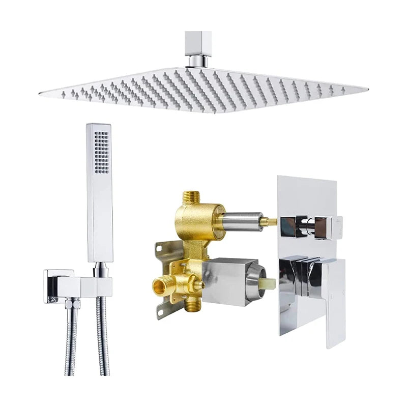 16 Inch Ceiling Mount Shower Faucet Combo Set Triple Handle Square Shower Head Thermostatic Faucets Brass Polished Finish 5 Year