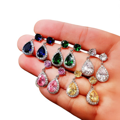 Luxury 925 Silver Water Drop Crystal Earrings Bezel Setting For Women Party Jewelry Blue Diamond Rhinestone Earrings