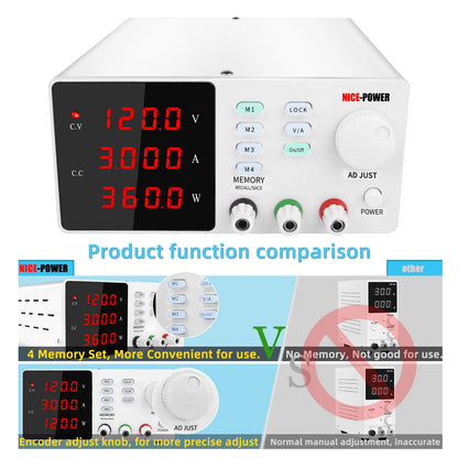 NICE-POWER SPPS-S1203 120V 3A Digital LED 4 Memory Single Output DC Programmable Bench Adjustable Switching Power Supply