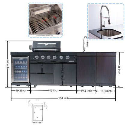 Stock in USA Modern Black 304 Stainless Steel Mobile Gas Grill Bbq Modular Outdoor Kitchen Island for Patio
