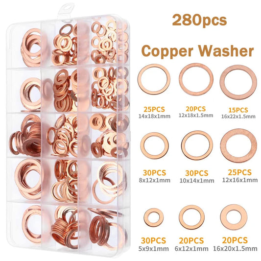 280pcs Copper Washers Copper Sealing Washer 12 Sizes Assorted Solid Copper Crush Washers Seal Flat Ring Set with Case by PDG ibma