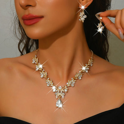 Fashion Girl Party Banquet Bridal Wedding Jewelry Set Full of Diamond Drop Pendant Golden white Necklace Earrings Set for Women