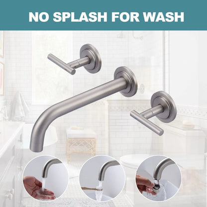 8 Inch Long Spout Reach Bathroom Sink Faucet Wall Mounted Two Handles Washbasin Faucet Rough-in Valve Chrome Wall Faucet