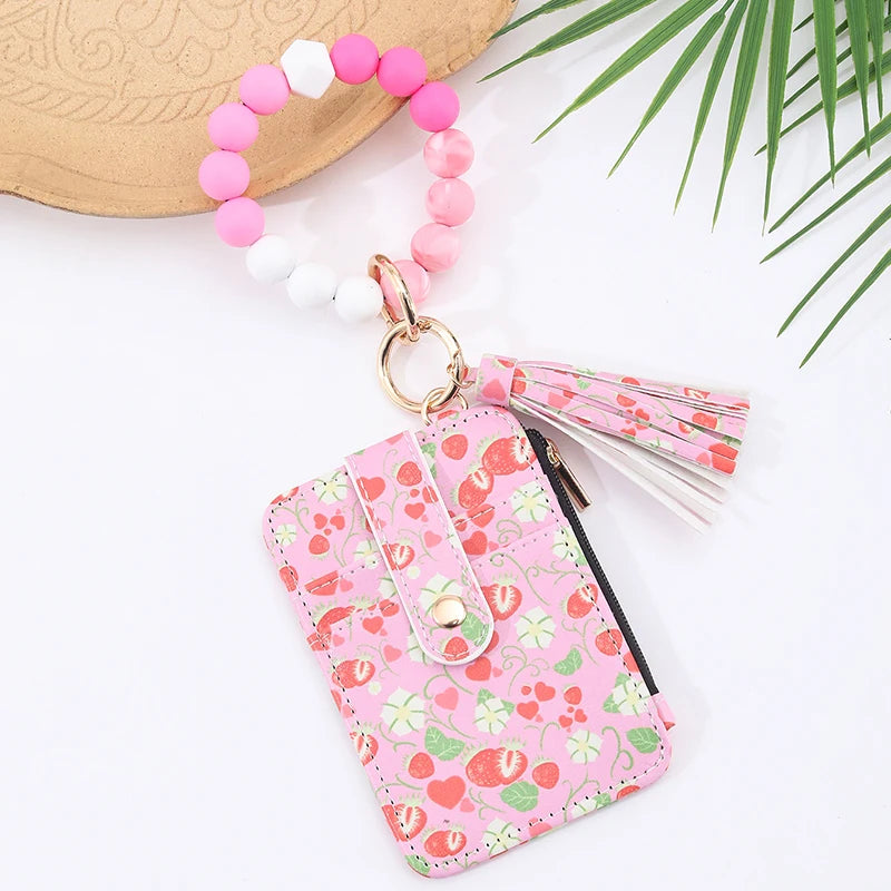 2025 New Fruit  Pattern Leather  Bracelet Fringe Key Chin Card Bag Document Wrist Portable Keychain  Zipper Card Holder Wallet