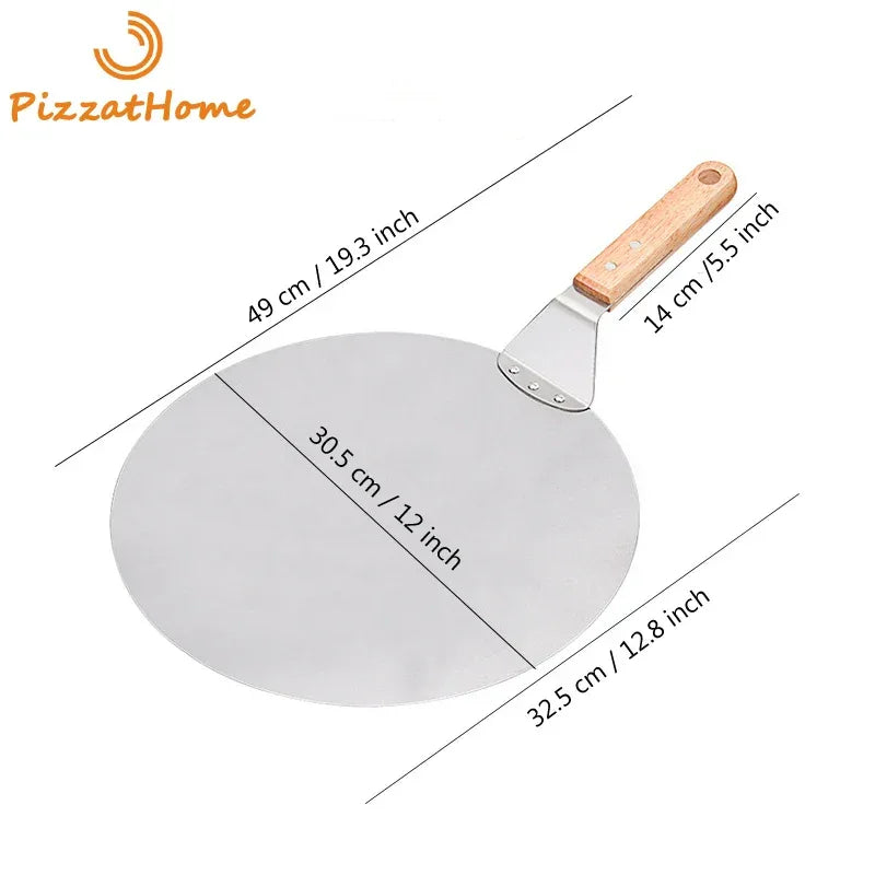 Stainless Steel Pizza Peel Wooden Handle Pizza Shovel Round Paddle Pizza Peels Cake Shovel Spatula Baking Tools