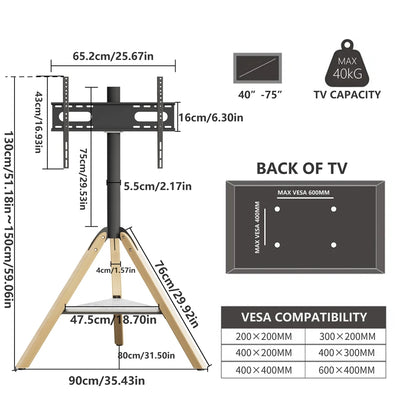 Wood Corner Tripod TV Stand for 40-75 Inch Swivel Height Adjustable with Sintered Stone Shelf