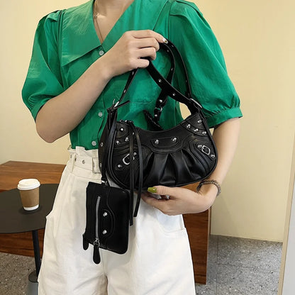 MOQ 1PC Wholesale Ladies Rivet Classic Motorcycle 2-in-1 Crescent Pleated One Shoulder Messenger Underarm Dumpling Bag