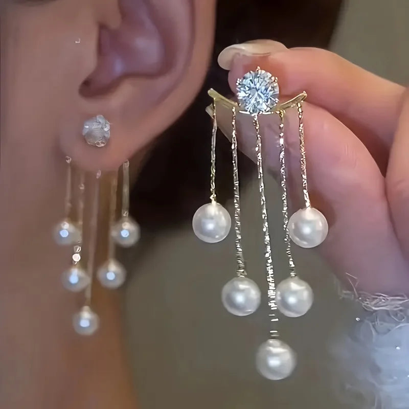 1 Pair Elegant Long Tassel Earrings for Women, Golden-Tone Alloy with Rhinestone and Accents, Dangle Earrings for Daily Wear
