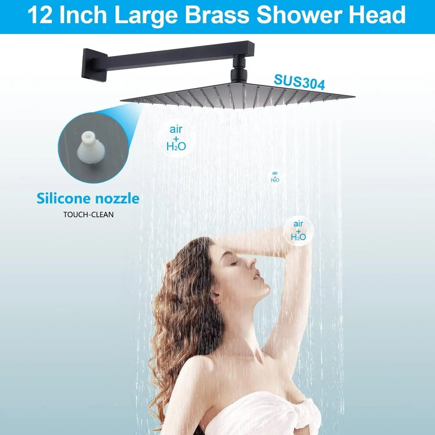 Luxury Matte Black Thermostatic Shower System Set, 12" Rainfall Shower Head with 4 Body Jets and Handheld Spray
