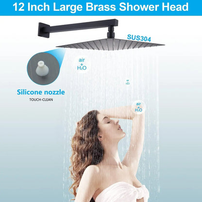 Luxury Matte Black Thermostatic Shower System Set, 12" Rainfall Shower Head with 4 Body Jets and Handheld Spray