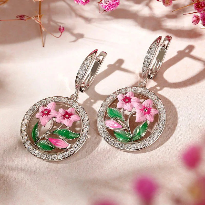 Romantic Flower Drop Earrings For Women Silver Plated Crystal Rhinestone Round Brilliant Cut Party Jewelry Fashion Dangle