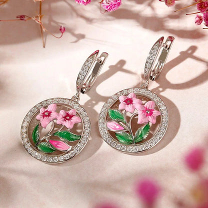 Romantic Flower Drop Earrings For Women Silver Plated Crystal Rhinestone Round Brilliant Cut Party Jewelry Fashion Dangle