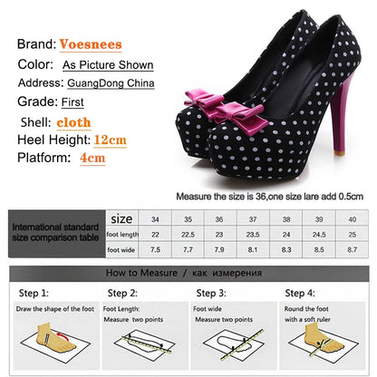 Voesnees New Sweet Bow Stiletto Pumps Polka Dot Pattern Comfortable Waterproof Platform Women Shoes 12CM High-Heel Single Shoes