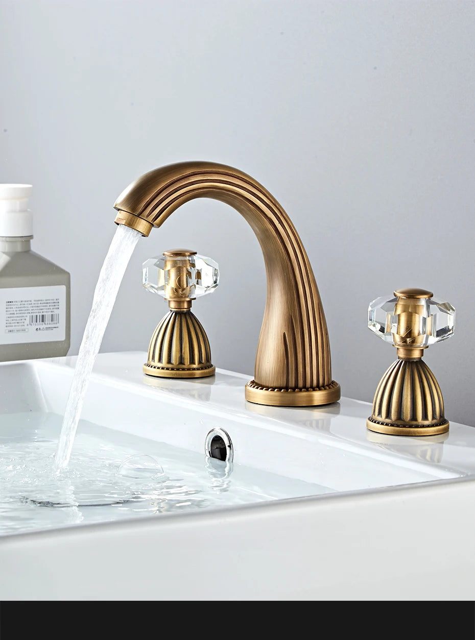 Gold Crystal 3-Hole Basin Split Faucet Bathroom Cabinet Full Copper Washbasin Under Counter Basin Cold and Hot Water Faucet CF96