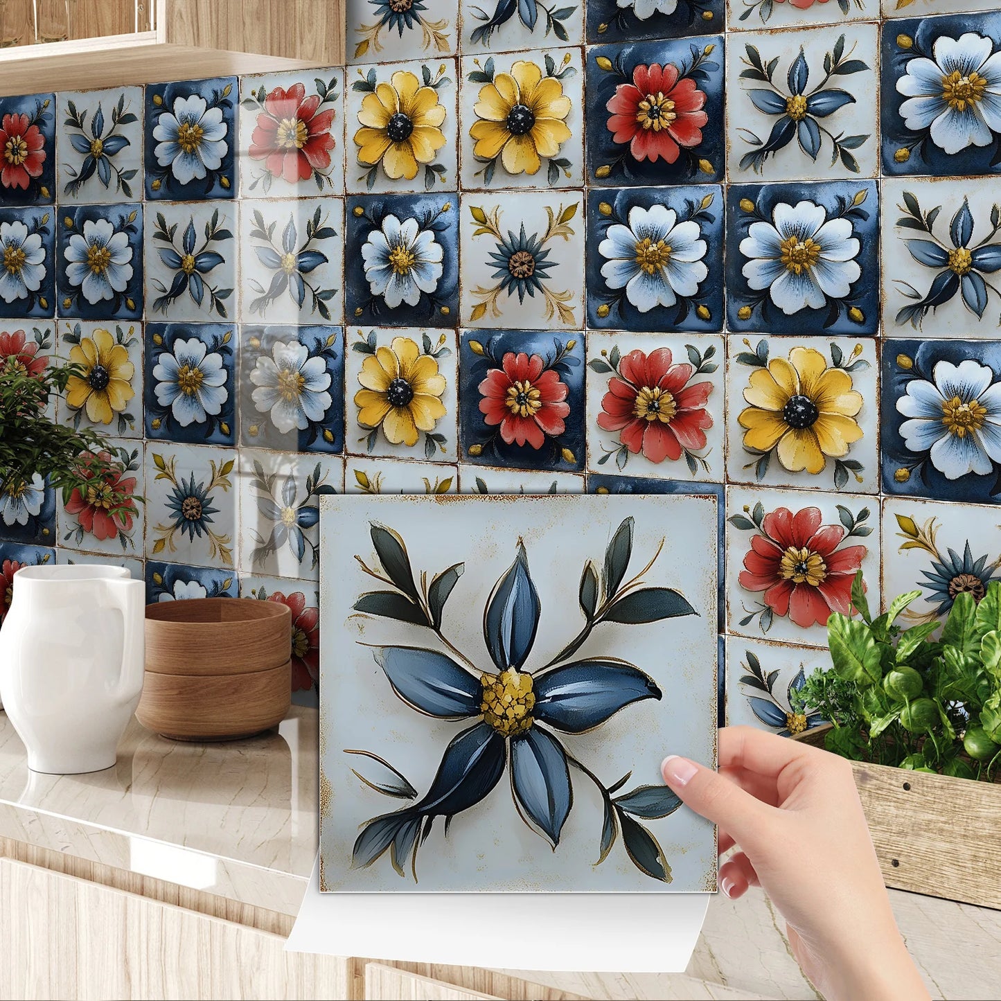 24 Pcs Self Adhesive Tile Stickers Peel and Stick Wall Tiles Waterproof PVC Backsplash Tile for Kitchen 7.87 X 7.87 Inch