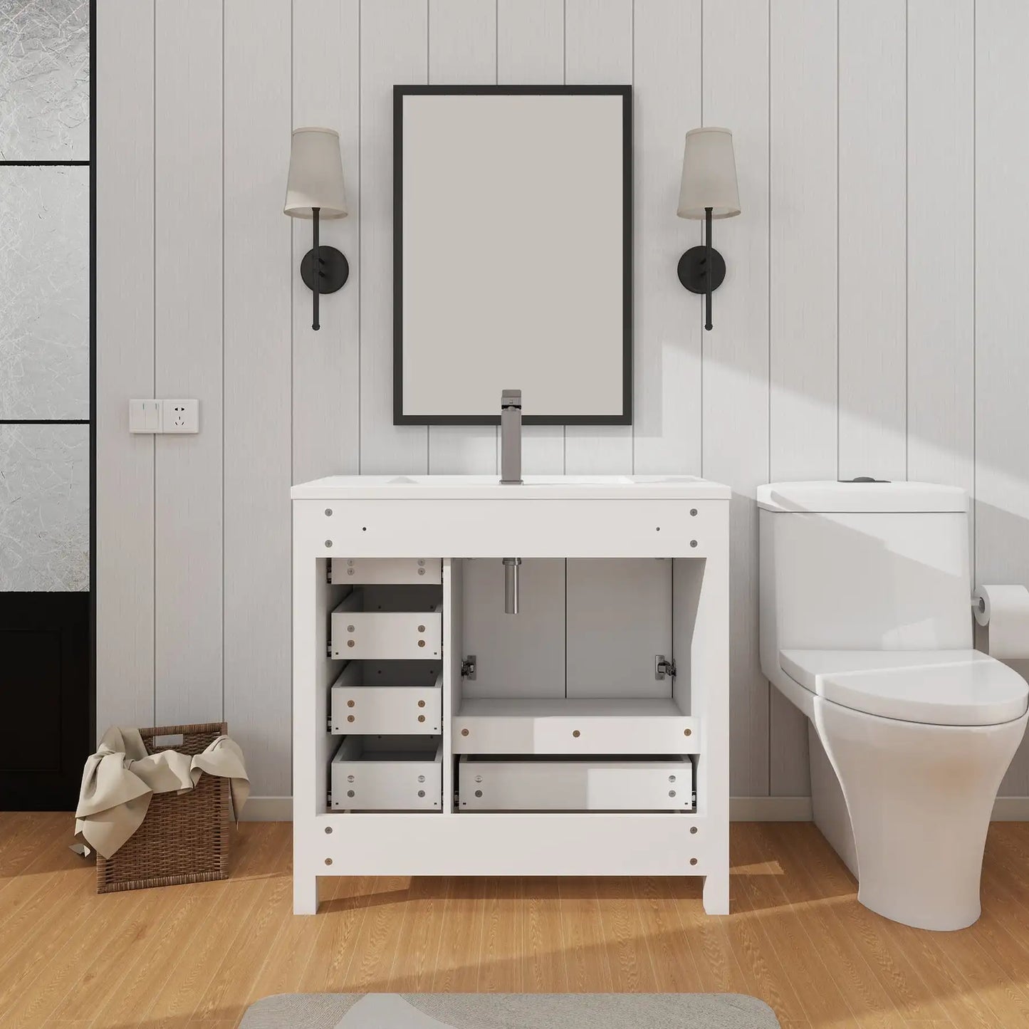 US Stock 36inch Fast Free Shipping Ready to Assemble Apartment Size Flat Pack Morden Bathroom Vanity with Single Sink