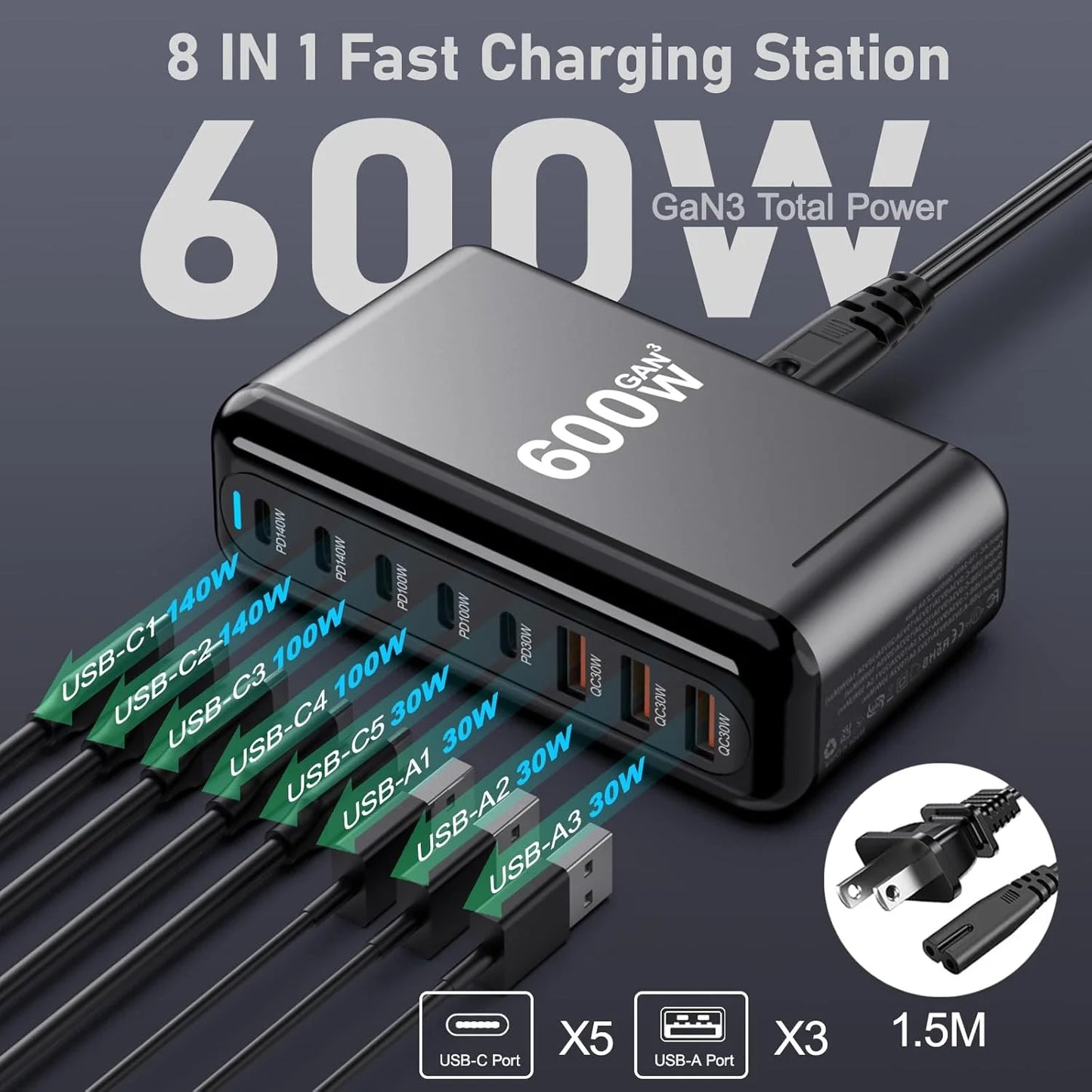 600W USB C Charger 100W USB C Charger Block, GaN III 8-Port Fast Charging Station Hub,PD 3.1 140W Laptop Charger Adapter