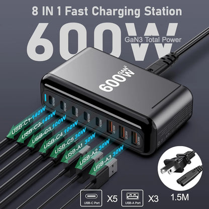 600W USB C Charger 100W USB C Charger Block, GaN III 8-Port Fast Charging Station Hub,PD 3.1 140W Laptop Charger Adapter