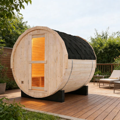 Premium White Pine Outdoor Barrel Sauna Durable Asphalt Shingle Covered Sauna Cabin for Outdoor Relaxation