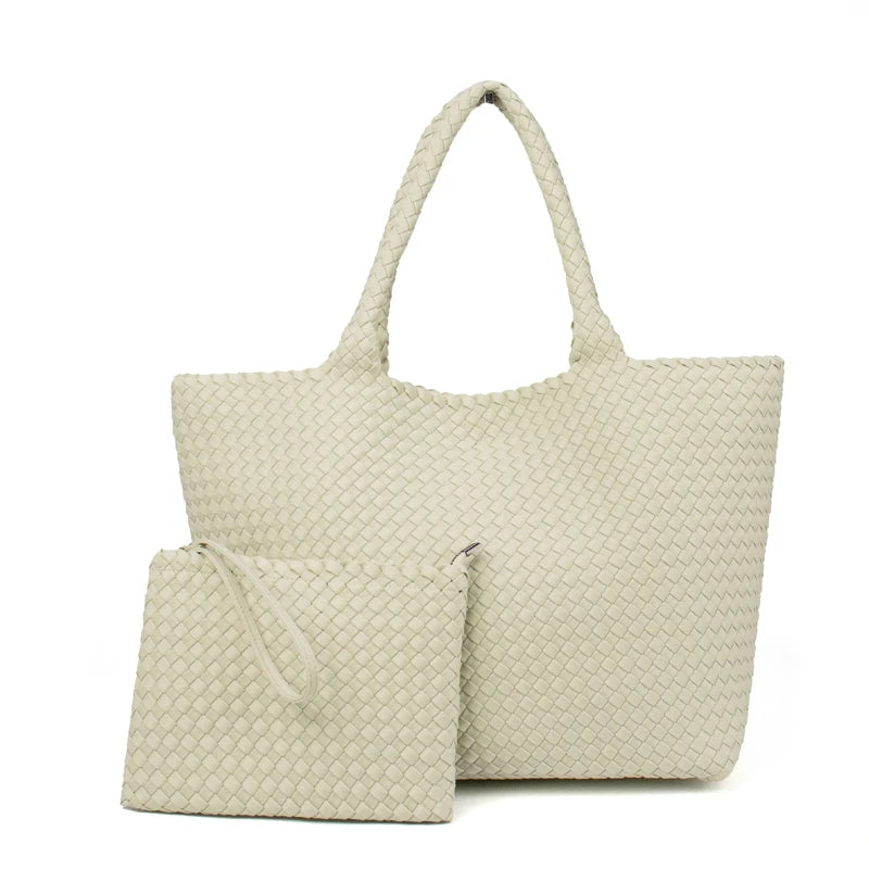 2 Pcs Set Fashion Casual Shoulder Waterproof Lady Woven Purse Hobo Women Neoprene Tote Bag Large Capacity Patchwork Handbag