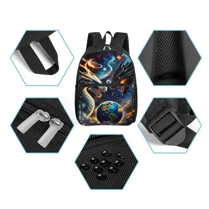 Unisex Double Dragon Play Bead Student Backpack Set Three-Piece Zipper Closure Fashionable Cartoon Pattern Polyester Waterproof