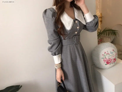 2021 Autumn Spring Basic Belt Plaid Shirt Dress Long Maxi Feminine Vestidos Chic Korea Design Clothes