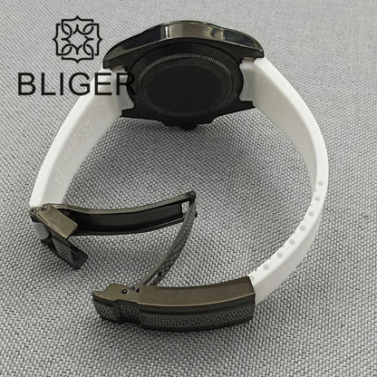 BLIGER 40mm NH35A Automatic Watch for Men White Ceramic Bezel Black  Case Green Luminous Date Magnified Rubber Strap
