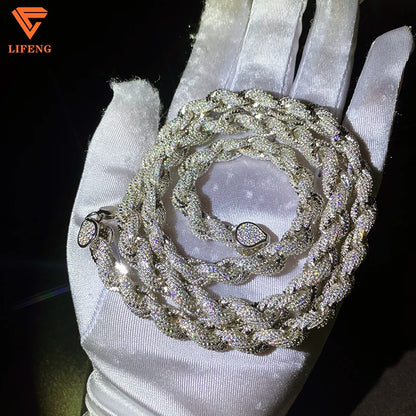 Fine Jewelry Popular White Gold Plated 925 Silver Iced Out Chain 8mm VVS Moissanite Hip Hop Rope Chain Necklace Charm for Men