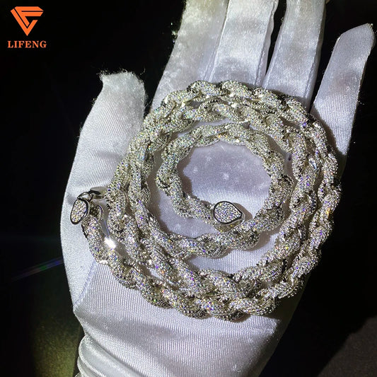 Fine Jewelry Popular White Gold Plated 925 Silver Iced Out Chain 8mm VVS Moissanite Hip Hop Rope Chain Necklace Charm for Men