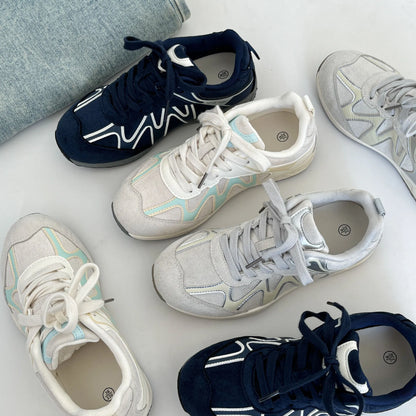 Navy Blue Ballet Sports Style Sneakers, Women Lace-Up Flat Casual Trainers, Breathable Versatile Elegant Tennis Daily Shoes