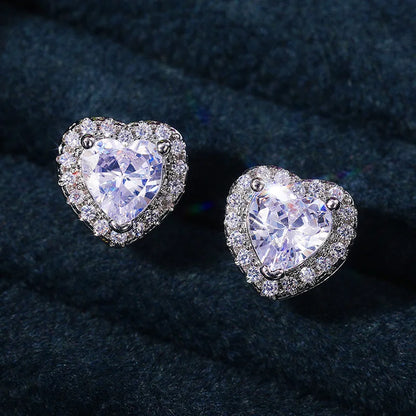Lucky Brand Gold Heart Crystal & Rhinestone Stud Earrings 925 Silver Claw Setting Romantic Wedding Jewelry for Women