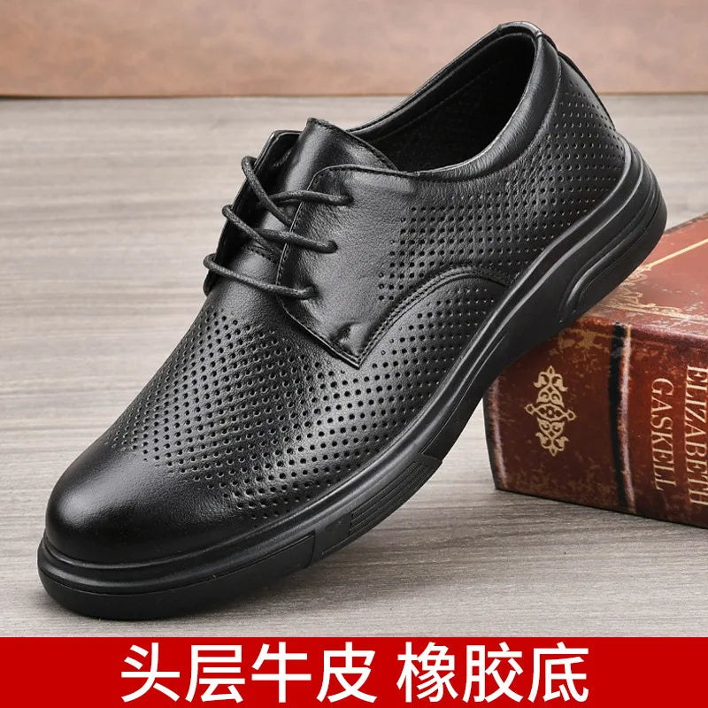 Men Summer Breathable Cow Leather Lace-up Round Toe Boat Shoes Solid Color Rubber Outsole EVA Midsole