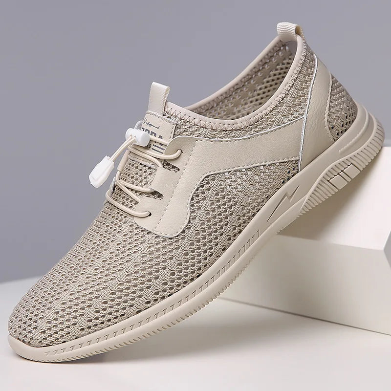 Men Summer Fly Knit Mesh Slip-On Casual Shoes Round Toe Breathable Lightweight Rubber Sole Solid Shoe Tongue Logo