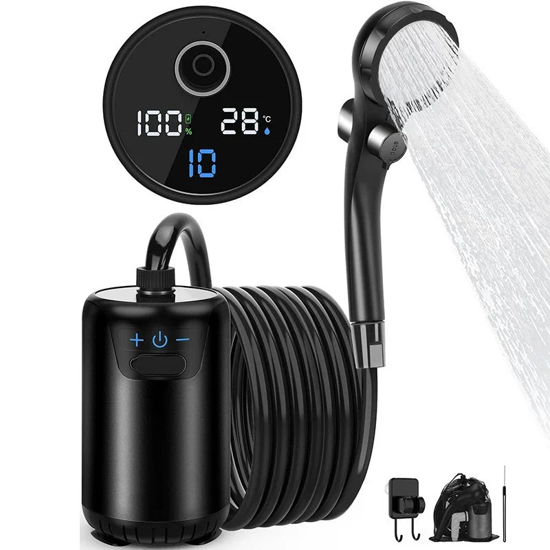 Portable Shower for Camping, 8000mAh Rechargeable Camping Shower with Intelligent LED Display, 4 Spray Modes