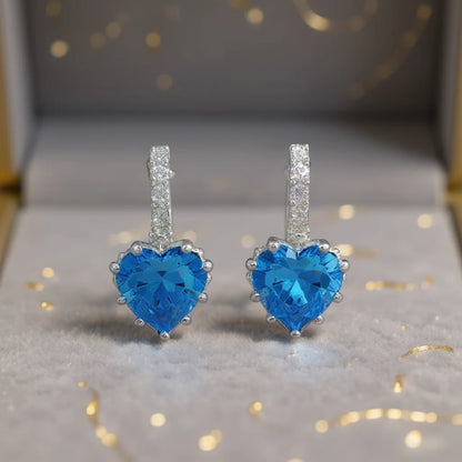 Romantic Heart Crystal Drop Earrings For Women Zinc Alloy Claw Setting Everyday Wear Blue Rhinestone Jewelry
