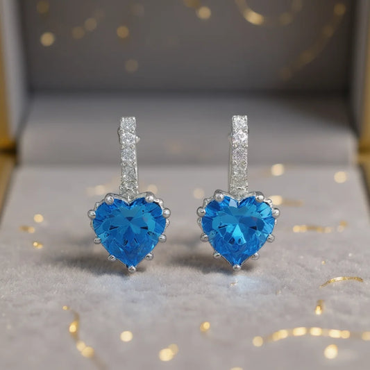 Romantic Heart Crystal Drop Earrings For Women Zinc Alloy Claw Setting Everyday Wear Blue Rhinestone Jewelry