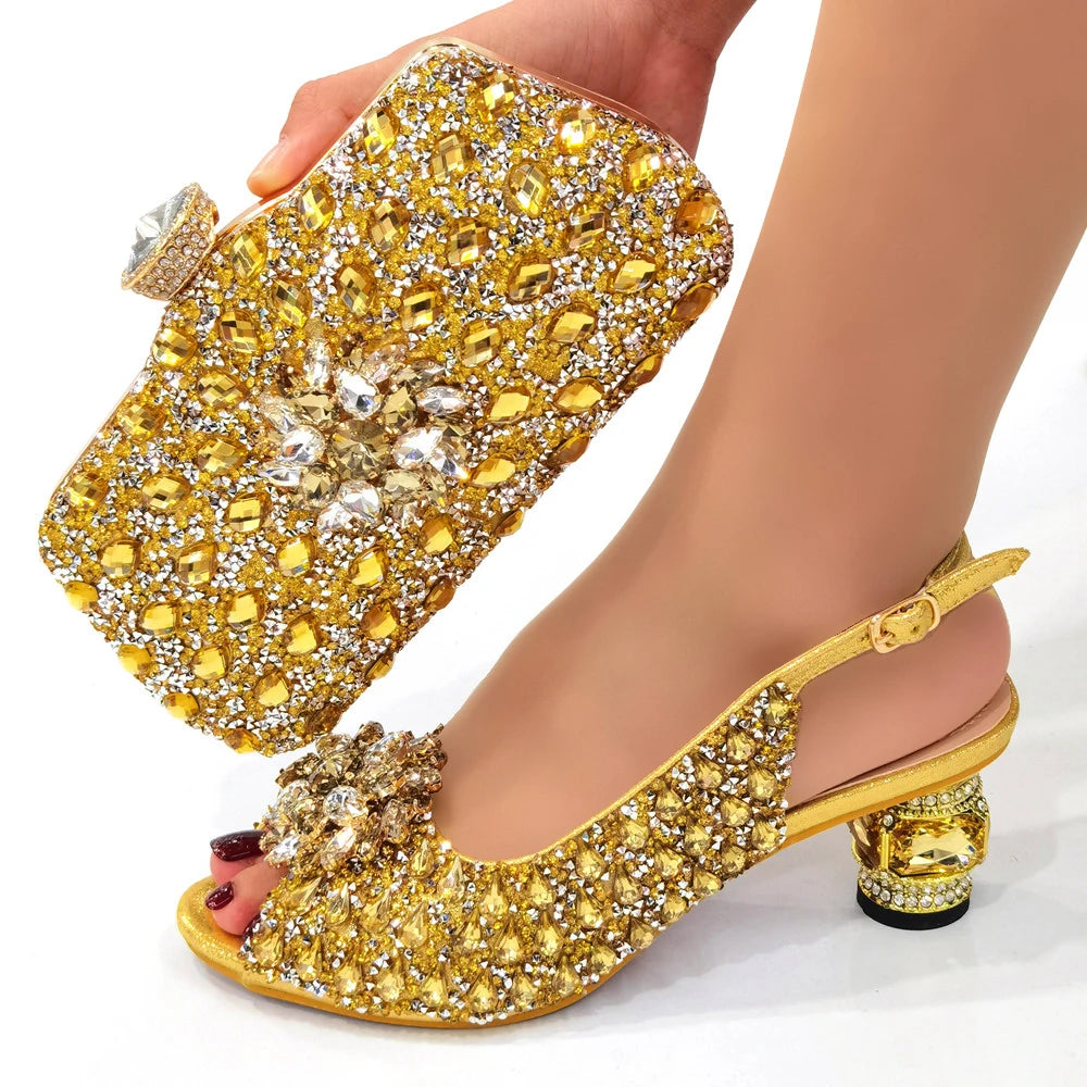 Ladies Italian Shoes and Bag Set Decorated with Rhinestone Matching Shoes and Bag Set In Heels Women Comfy Platform Sandal Shoes