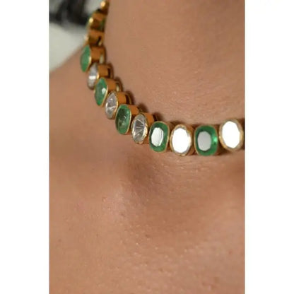 Green Trendy New Fashion Indian Bollywood Traditional Crystal Wedding Choker Brass Necklace Copper Alloy Bridal Jewellery Set