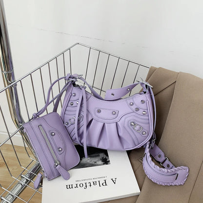 MOQ 1PC Wholesale Ladies Rivet Classic Motorcycle 2-in-1 Crescent Pleated One Shoulder Messenger Underarm Dumpling Bag