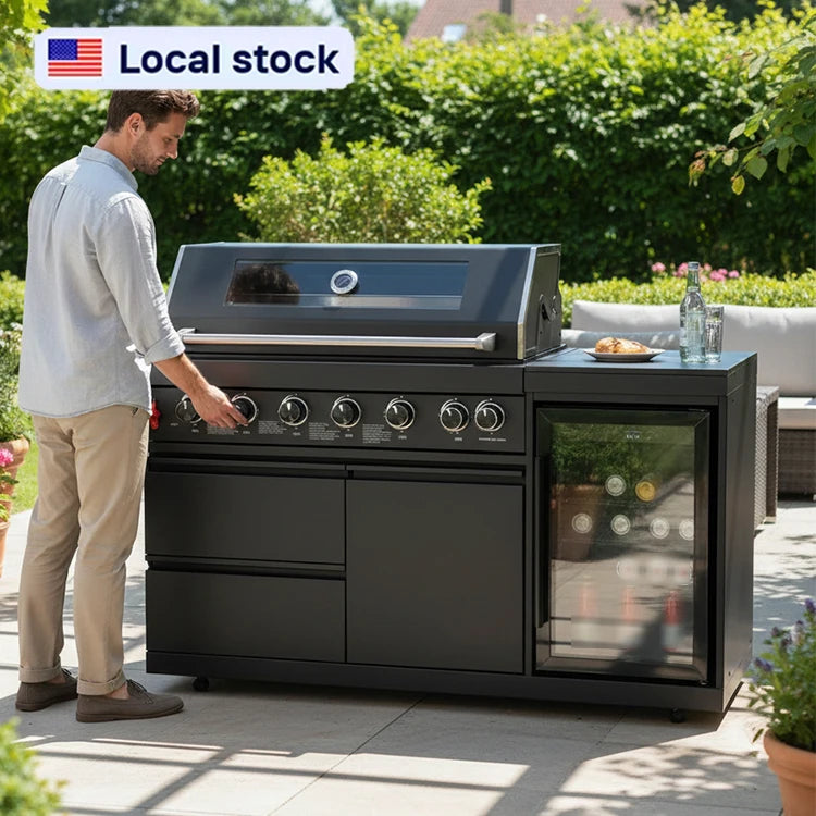 US Overseas Warehouse 2026 Hot Sale Premium Customized Modern Outdoor Kitchen Island BBQ Grills Cabinet With Fridge