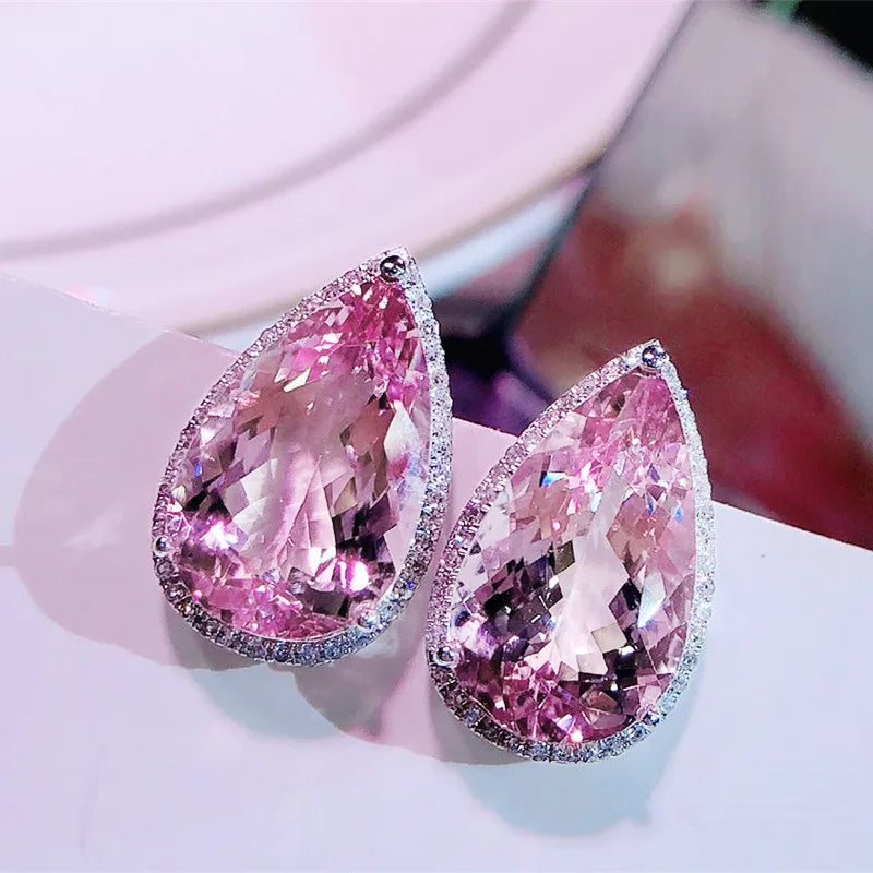 E1301 Pink Pear Cut Stud Earrings With Pink Gemstone Bezel Setting For Women Romantic Party Fashion Jewelry
