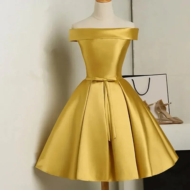 S-XXL Golden Off the Shoulder a Line Cocktail Dresses Lace up Satin Short Party Dresses Elegant Wedding Bridesmaid Evening Gown