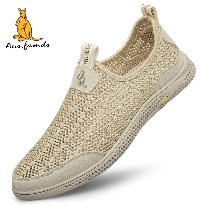 Lightweight Men's Kangaroo Logo Pigskin Leather Casual Sport Slip-On Running Shoes Breathable Soft Fabric Summer Walking Sandals