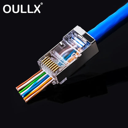 OULLX 6U RJ45 Connector Cat6 Jack FTP Gold Plated Pass Through Ethernet Cables Network RJ-45 Plug Cat5 Cat5e STP Shielded