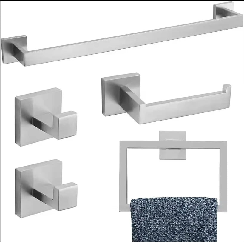 Deao Wall Mounted Towel Rack 5-piece Matte Black Bathroom Hardware Accessory Set Stainless Steel Towel Rod Set