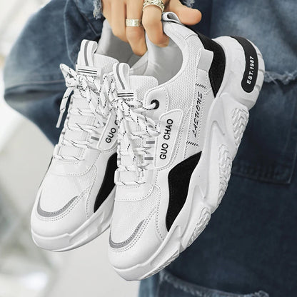 Men's Casual High-Top Sport Sneakers Microfiber Leather Upper Large Dad PU Rubber Sole Waterproof Breathable Mesh for Summer